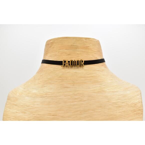 Christian Dior J’Adior Choker Necklace Black Ribbon Antiqued Gold Signed BinK